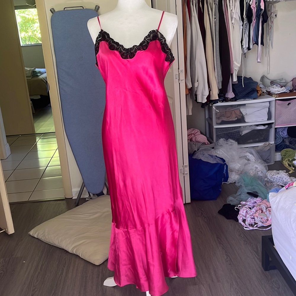 hot pink silk dress with black lace